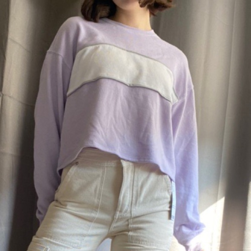 lavender white and grey striped cropped crewneck